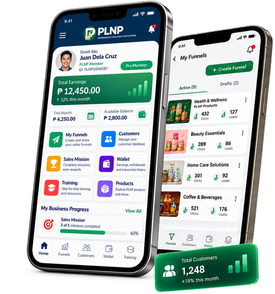 PLNP dashboard and My Funnels concept on two phones